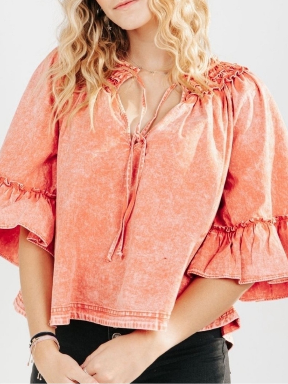 Free People Coral Tie-Neck Ruffle Sleeve Blouse